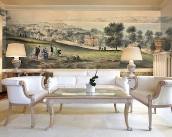 Victorian Era Panoramic View of a Lakeside Village - Historical Landscape Art - Peel and Stick Wallpaper - Removable Wallpaper