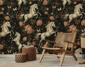 Unicorn Floral Wallpaper: Dark Fantasy Cottagecore Wall Mural