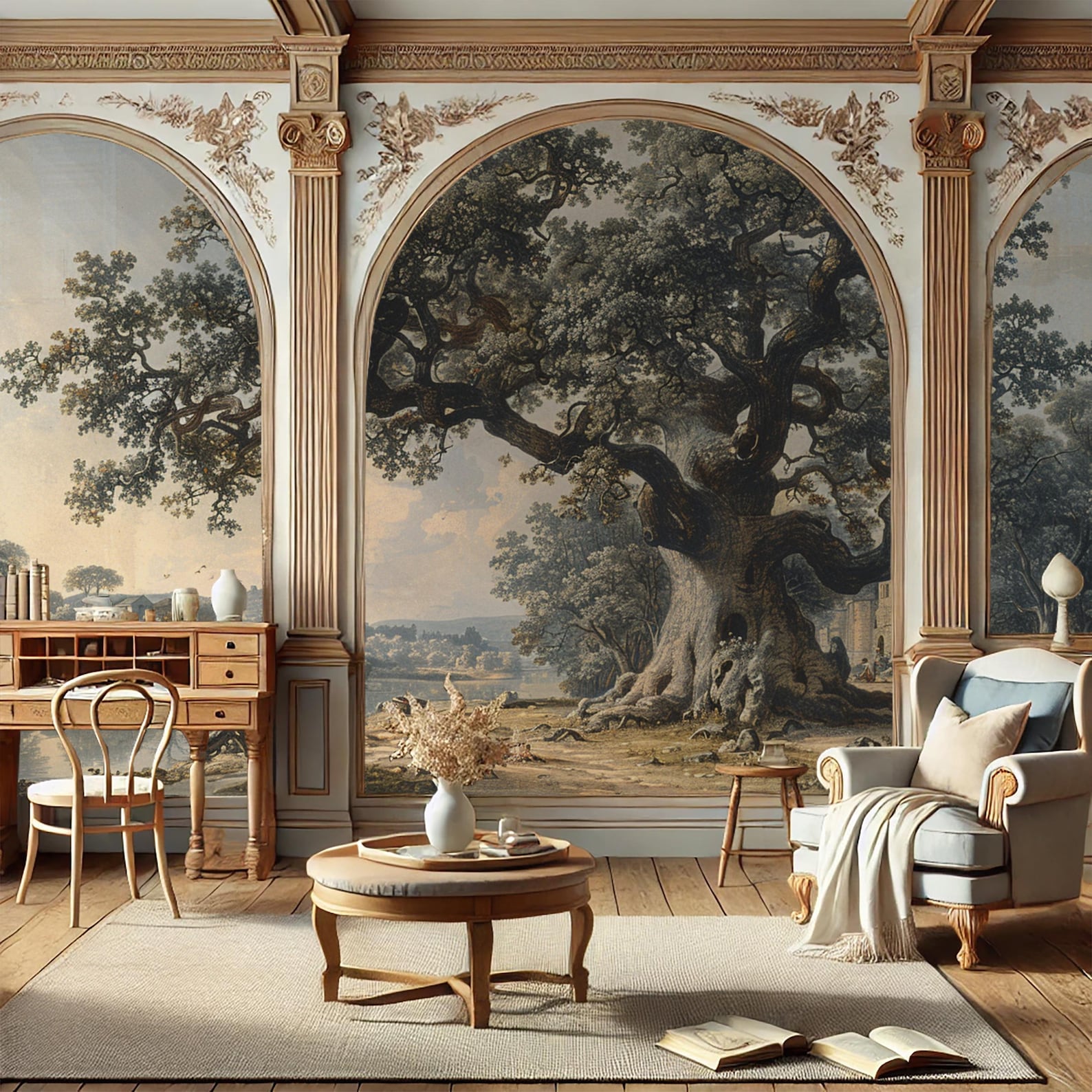 Vintage Tree Landscape Wallpaper: Rural Scenery Wall Mural, Peel and ...