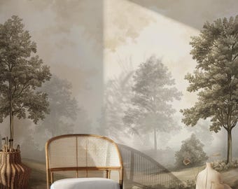 Vintage Misty Forest Wallpaper: Neutral Scenic Tree Wall Mural