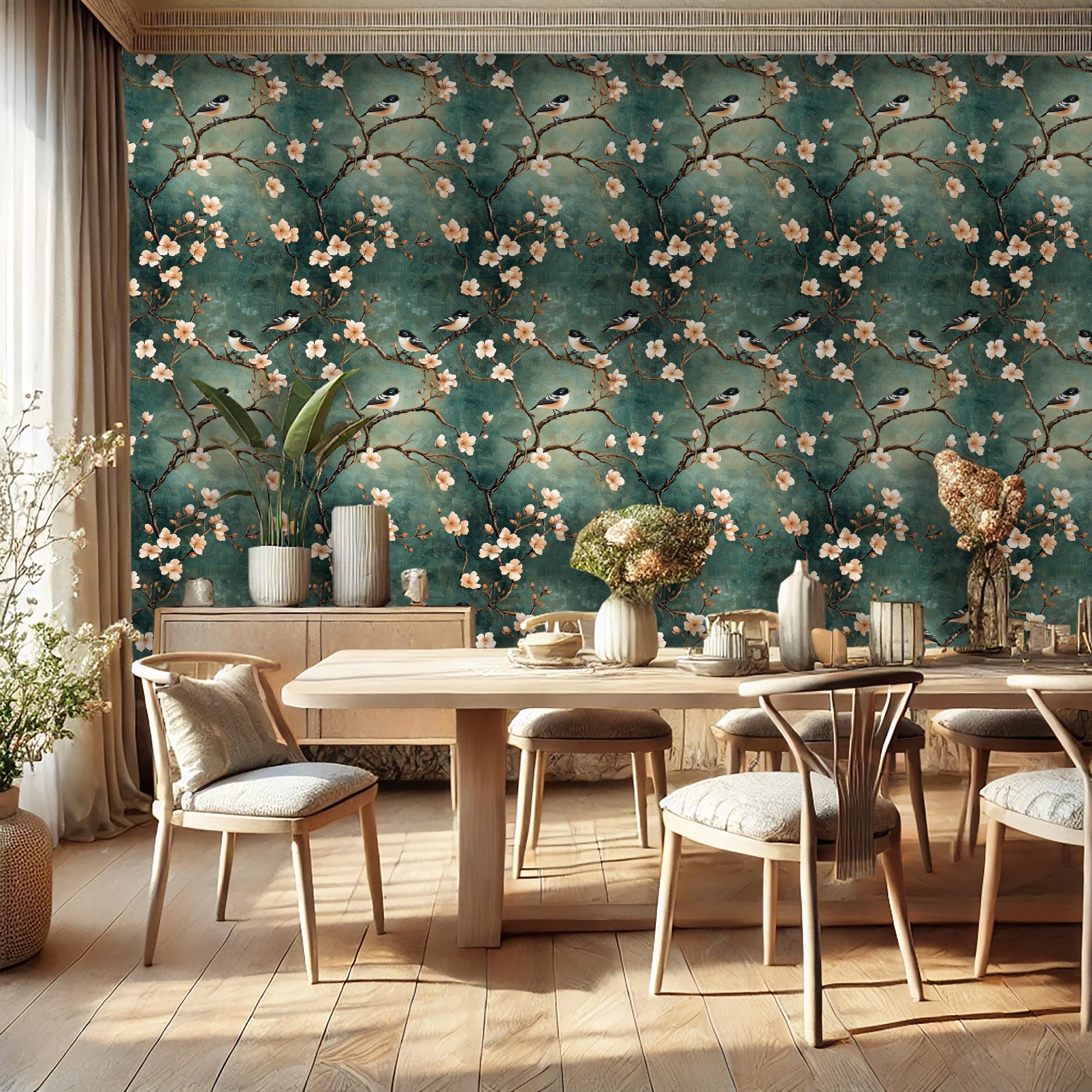 Vintage Floral Bird Wallpaper: Blooming Branches, Green Peel and Stick ...