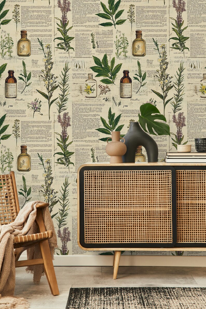 Vintage Botanical Wallpaper: Handwritten Design, Peel and Stick - Etsy