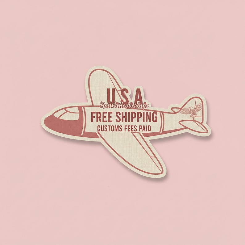 May include: A sticker in the shape of a vintage airplane with the text "USA" and "Free Shipping" in a retro font. The airplane is cream-colored with red accents and a pink background.