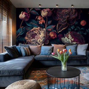 Dunkle Blumentapete - Pfingstrosenblüte Wandbild - Kühnes und elegantes Blumenmuster - Tapete zum Abziehen und Aufkleben - Abnehmbare Tapete