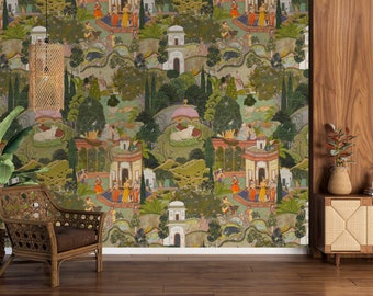 Lush Jaipur Garden Wallpaper - Wallpaper - Vibrant Green - Canvas Wallpaper - Historic Gardens of Jaipur - Peel and Stick Wallpaper Mural