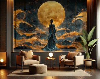May include: A dark room with a large wall mural depicting a woman standing in front of a large, golden moon. The mural is surrounded by a dark wood frame. The room is furnished with two armchairs, a coffee table, and a rug. The room is lit by a lamp on the coffee table.