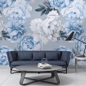 Peonie blu Peel & Stick Wallpaper / Carta da parati rimovibile peonia / Carta da parati in tessuto floreale / Carta da parati Peel and Stick - -Carta da parati rimovibile