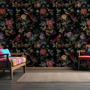 Luxurious Floral and Bird Wallpaper with Black Background- Peel and Stick Wallpaper