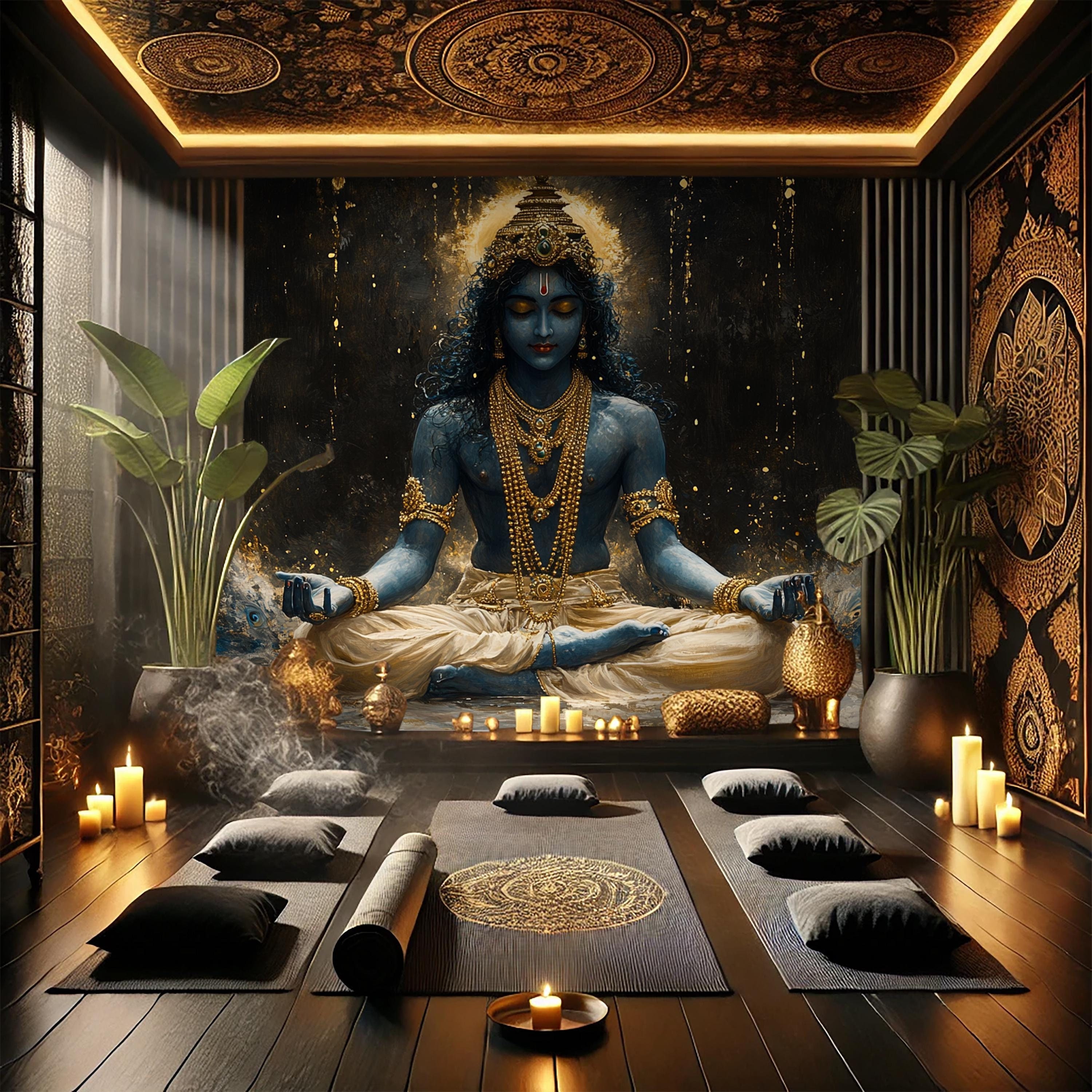 Krishna Meditation Wallpaper: Gold Artistic Design, Peel and Stick Mural