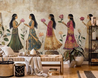 Indian Lotus Ladies Wallpaper: Elegant Cultural Design, Peel and Stick