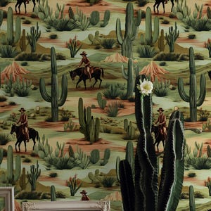 Carta da parati vintage con cowboy e paesaggio desertico con design di cactus - Carta da parati in tela - Carta da parati murale staccabile e adesiva
