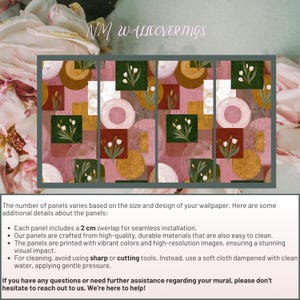 May include: Abstract wallpaper panels with a repeating pattern of geometric shapes in shades of pink, green, brown, and gold. The design includes circles, squares, and floral elements. The text "NM WALLCOVERINGS" is at the top.