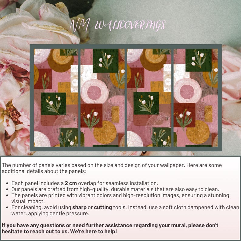 May include: Abstract wallpaper panels with a repeating pattern of geometric shapes in shades of pink, green, brown, and gold. The design includes circles, squares, and floral elements. The text "NM WALLCOVERINGS" is at the top.