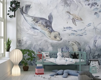 Underwater Seals and Floral Theme Wallpaper - Peel and Stick - Peel and Stick Wallpaper -Removable Wallpaper