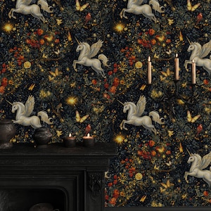 Carta da parati unicorno stravagante – Murale staccabile e attaccabile della foresta magica – Arte murale mistica del pegaso