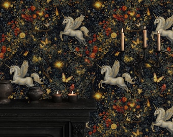 Whimsical Unicorn Wallpaper – Magical Forest Peel and Stick Mural – Mystical Pegasus Wall Art
