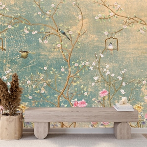 Carta da parati vintage con motivi botanici e uccelli Chinoiserie - Eleganza botanica senza tempo - Carta da parati staccabile e incollabile - Carta da parati rimovibile