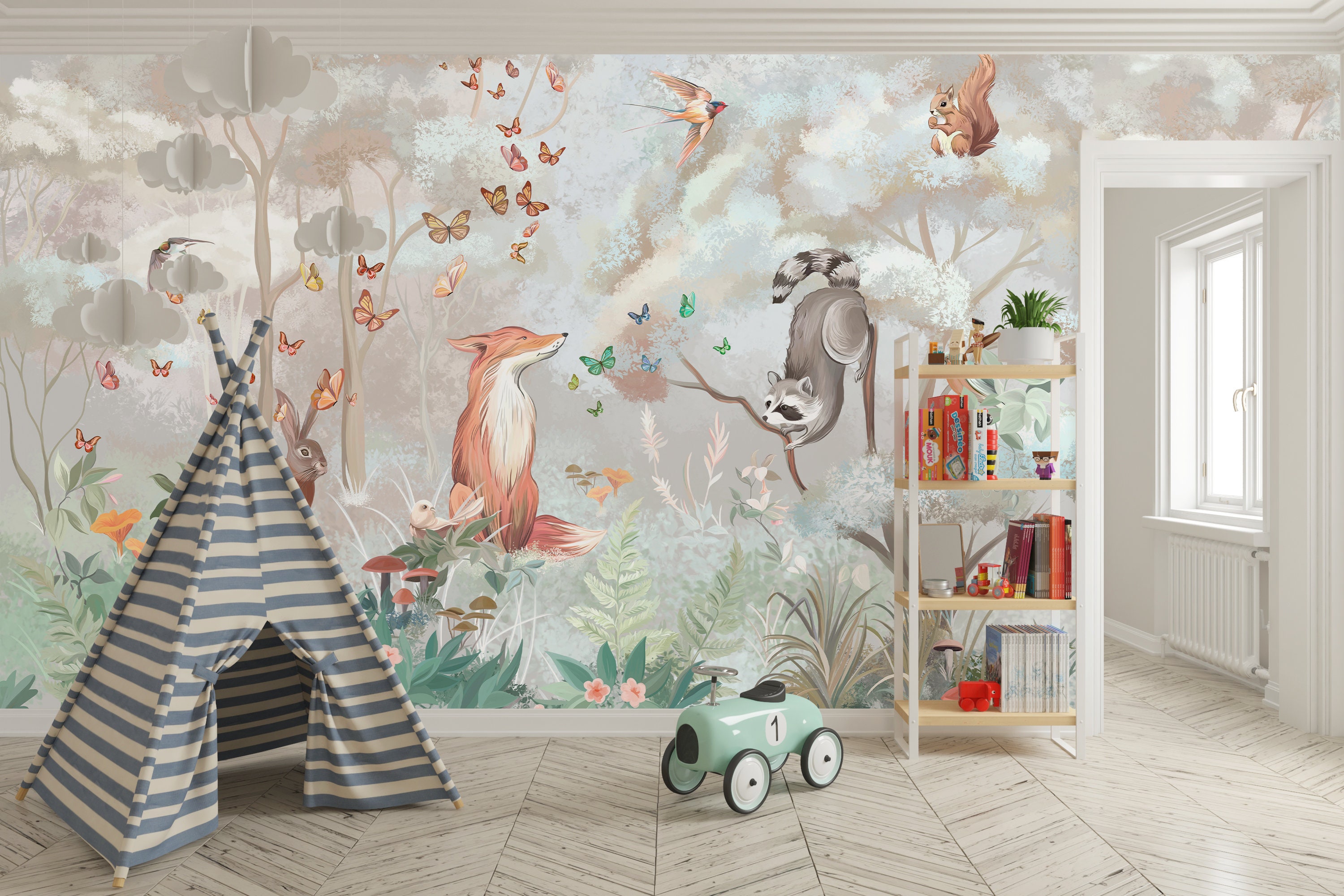 Enchanted Forest Nursery Wallpaper: Whimsical Animals, Pastel Mist ...