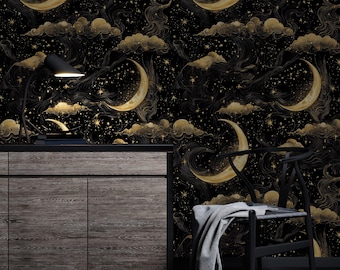 Celestial Wallpaper: Golden Moon Stars Night Sky Mural - Removable Wallpaper