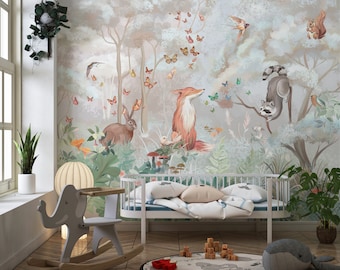 Enchanted Forest Nursery Wallpaper - Whimsical Animals and Pastel Mist - Peel and Stick Wallpaper -Removable Wallpaper