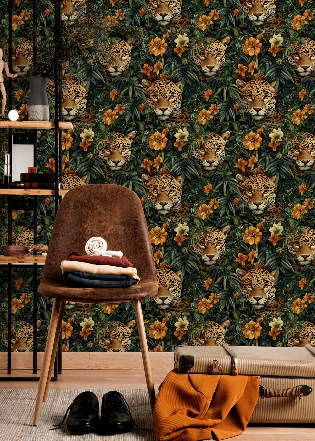 Leopard Jungle Wallpaper: Tropical Botanical Peel and Stick Mural - Etsy