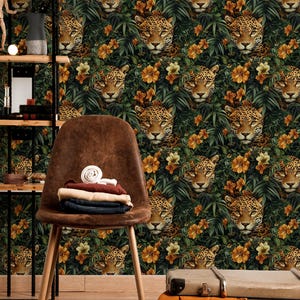 Vintage Botanical Wallpaper Peel and Stick Tropical Plants with Leopard Wall Mural - Luxury Jungle Leopard Wallpaper - Tropical Safari Mural