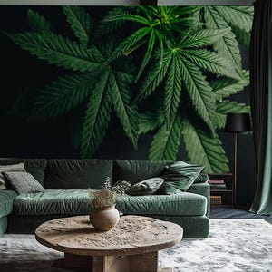 Carta da parati fotografica nera e verde con foglie di marijuana - Autoadesiva - Carta da parati stacca e incolla - Carta da parati rimovibile