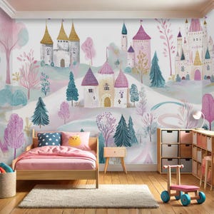 Carta da parati con paesaggio di castello stravagante - Carta da parati murale da favola pastello per le camerette dei bambini - Design magico di foresta e castello
