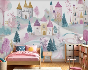 Whimsical Castle Wallpaper: Pastel Fairytale Kids' Room Wall Mural