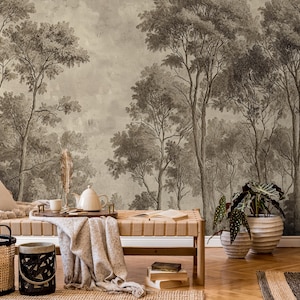 Vintage Waldtapete - Antikes botanisches Wandbild, klassischer Gravurstil, elegante Natur-Wanddekoration, großformatige Malerische Tapete