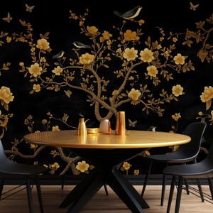 Black and Gold Chinoiserie Wallpaper - Vintage Chinoiserie Peel and Stick Wallpaper, Gold Tree with Birds Wallpaper  Non-Woven Wall Mural