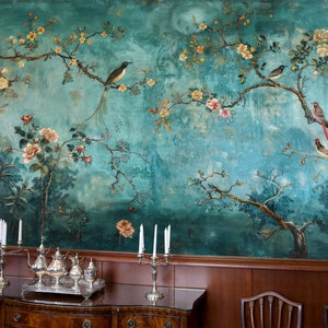 Chinoiserie Blumen- und Vogel-Tapete zum Abziehen und Aufkleben - Vintage Vlies-Wandbild - Abziehbare Tapete