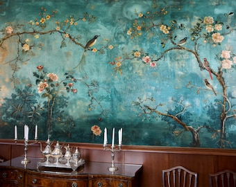 Chinoiserie Bird and Floral Wallpaper: Vintage Peel and Stick Wall Mural