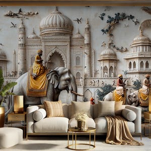 Indian Palace Elephant Wallpaper - Black and White Landscape - Peel and Stick