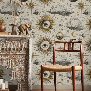 Sfondo vintage con sole, luna e stelle a tema astrologia - Mystical Sky Ar, Whimsical Wallpaper