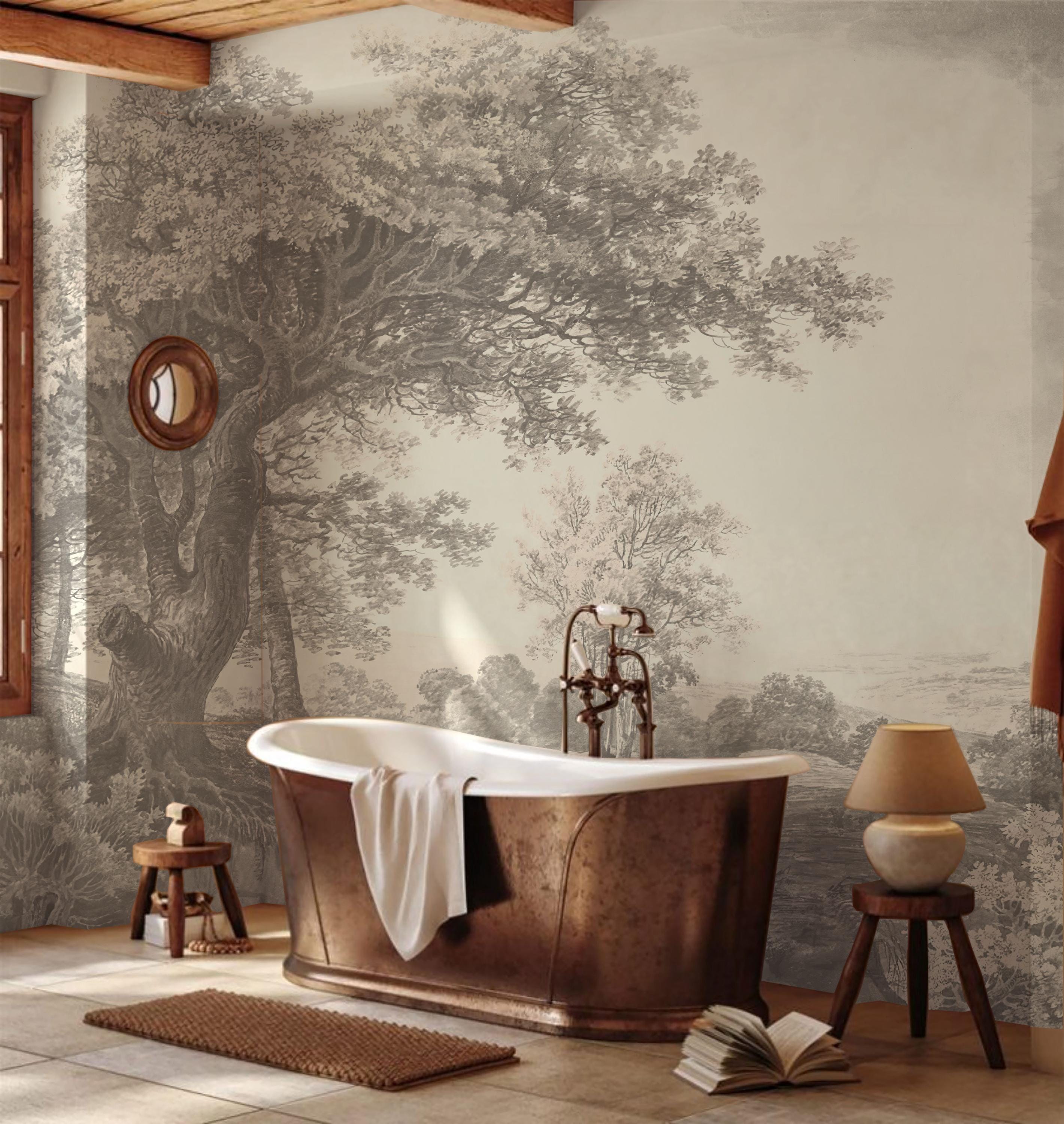 Natural Toned Landscape Wallpaper - Vintage Countryside Design, Retro Style - Peel and Stick Wallpaper - Removable Wallpaper