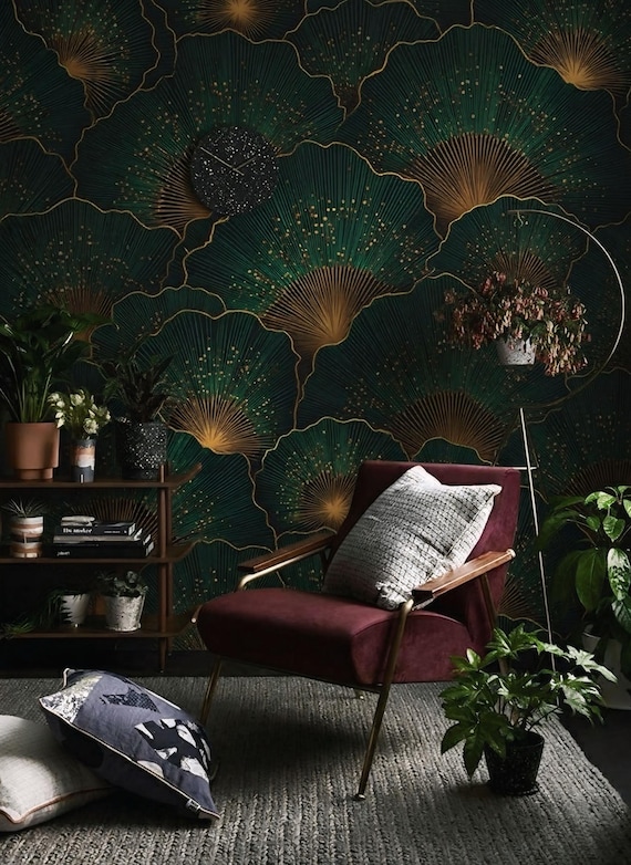 Emerald Gold Art Deco Wallpaper • Luxury Floral Fan Pattern Mural
