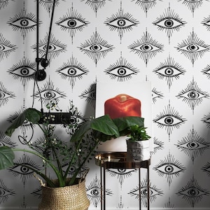 Mystische Evil Eye Tapete - Schwarz-Weiß-Boho Wandbild, Spirituelle Augen Ästhetik, Esoterisches Dekor, Himmlisches Muster, Modernes Gothic Zuhause