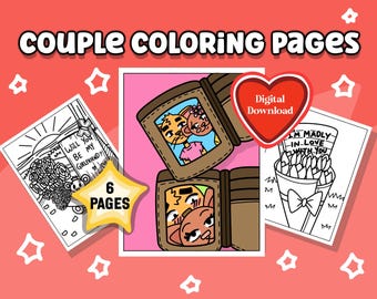 6 Couple Coloring Book Pages for Adults and Teens, Kawaii Digital Coloring Book, Romantic Date Night, Kids Cozy Coloring Book, Kawaii Cozy