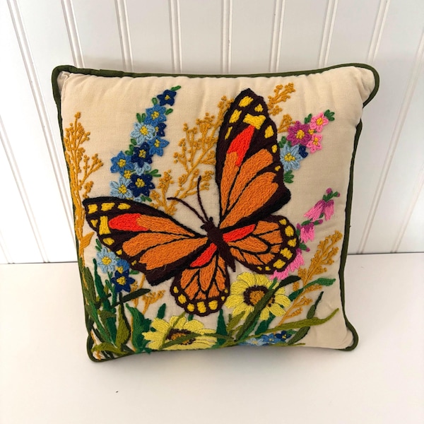Vintage 1970s Crewel Embroidered Butterfly Pillow – Handmade Monarch Butterfly & Floral Boho Throw Pillow