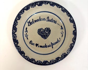 Vintage Marshall Pottery Spongeware Sister Plate 7.5” | Yesteryears Marshall TX Stoneware | Blue and Cream Country Folk Art Decorative Plate