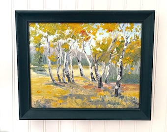 Original Espen Baum Ölgemälde - 11x14 gerahmte Herbst Landschaft - impressionistische Birken Wandkunst - benutzerdefinierte Teal Holzrahmen Herbst Dekor