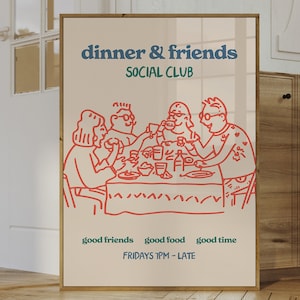 Impresión de cocina, cartel de comida, arte de pared con ilustración dibujada a mano, impresión de cena y club social de amigos, impresión estética, impresiones de comida y bebida