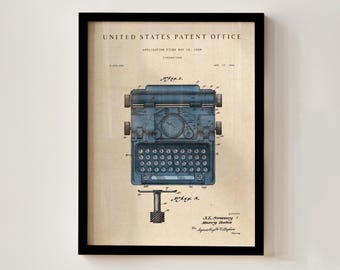 Typewriter Patent Print, Unique Vintage Gift, Hand-Painted Watercolor, Creative Writing, Book Art, Office, Digital Download