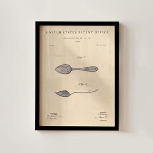 Puede incluir: Impresión enmarcada de una patente de cuchara de la Oficina de Patentes de los Estados Unidos. La impresión presenta dos diseños de cuchara, etiquetados como Fig. 1 y Fig. 2, con información de la patente en la parte superior y firmas en la inferior. El marco es negro.