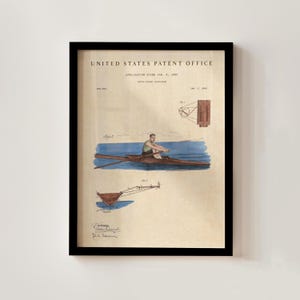 Puede incluir: Impresión enmarcada de patente vintage de la Oficina de Patentes de los Estados Unidos, con un diseño de bote de remo. La impresión incluye una ilustración detallada de un remero en un bote, con diagramas técnicos y texto. La obra de arte está enmarcada en un borde negro.