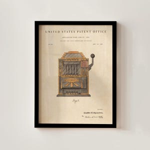 May include: A framed United States Patent Office document on aged paper featuring a technical illustration of a coin-controlled apparatus. The print displays the text Application Filed June 27, 1955, No. 747, Sept. 18, 1956, Fig. 1, and Gustav F. Hochriem.