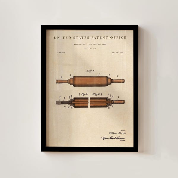 Rolling Pin Patent Print, Unique Vintage Gift, Hand-Painted Watercolor, Kitchen Bakery Decor, Office, Digital Download