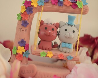 kitty and cat bride and groom wedding cake topper