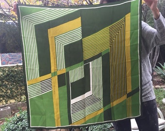 Retro Vintage Scarf, Green Geometric Scarf, Large Square Scarf, Vintage 1960s Scarf, Yellow Green Scarf, 60s Post Modern Scarf Mad Men Era